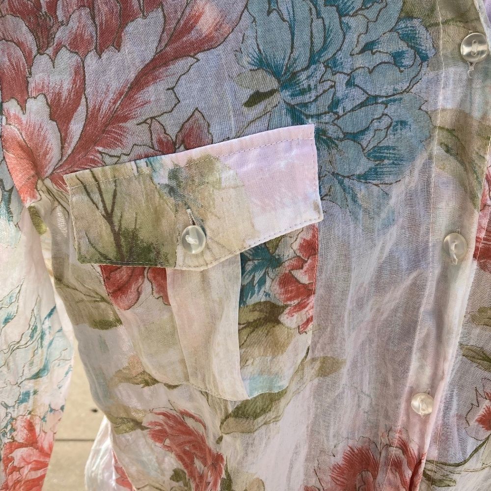 Chico's White Pink & Blue Floral Sheer Large  Button-up Blouse/Shirt - Picture 6 of 10